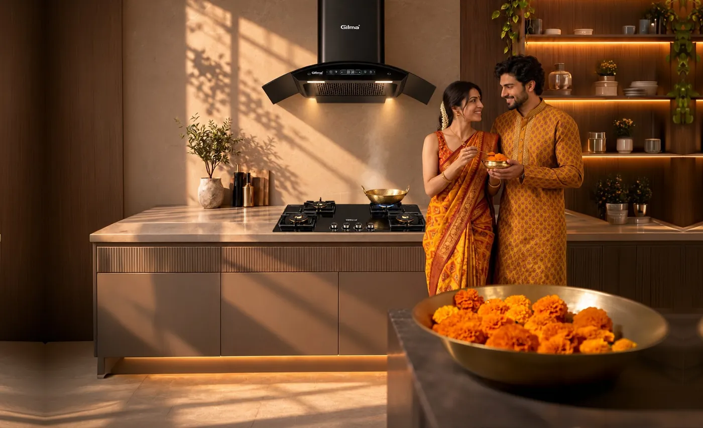 A couple sharing festive sweets in a kitchen with a Gilma chimney and hob